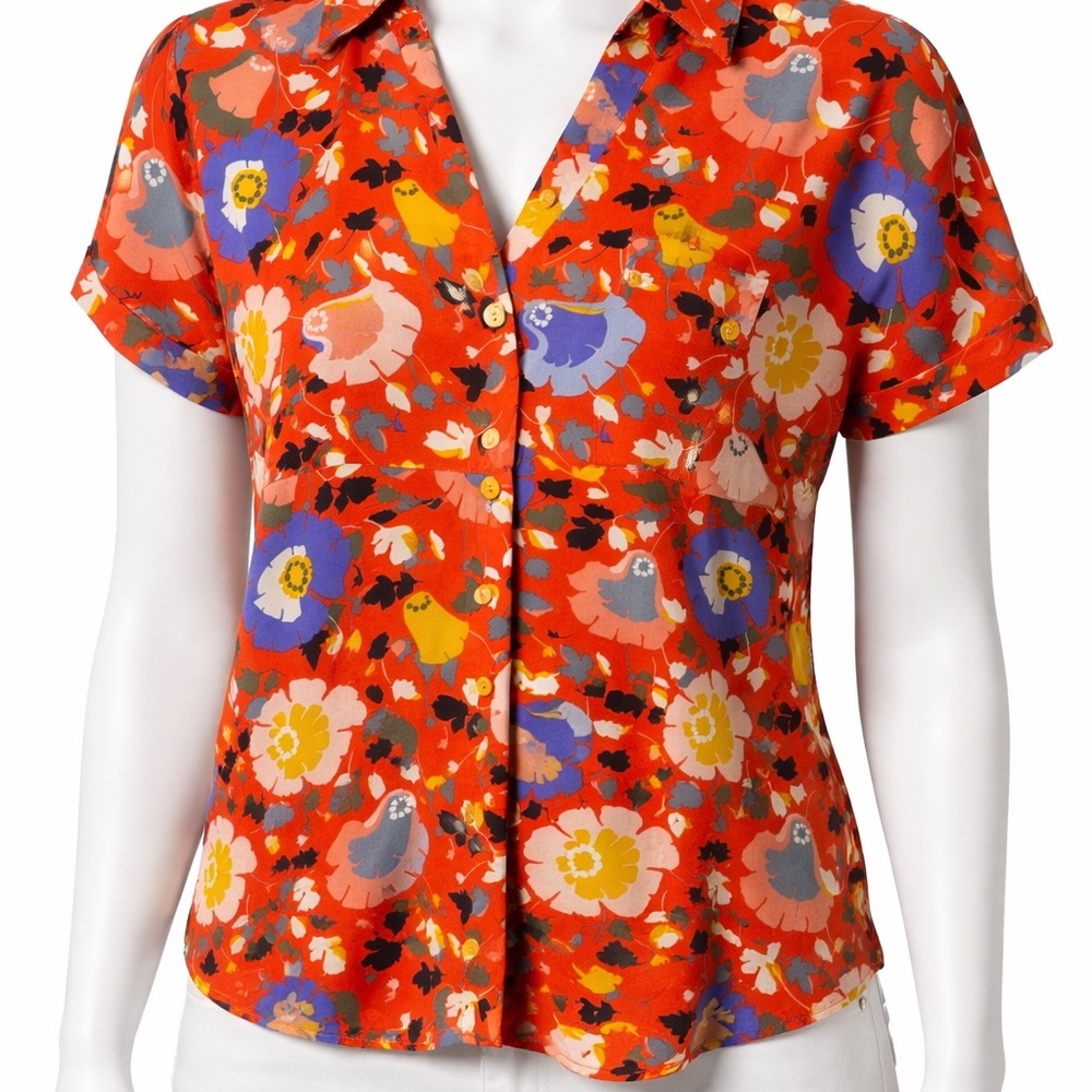Women’s Short Sleeve Floral Button-Front Top in Bright Orange